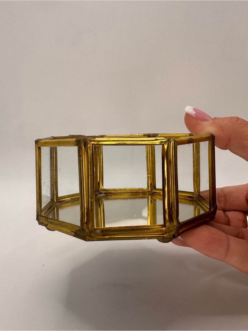 Glass and Brass Hexagonal Jewelry Trinket Dish - Gold